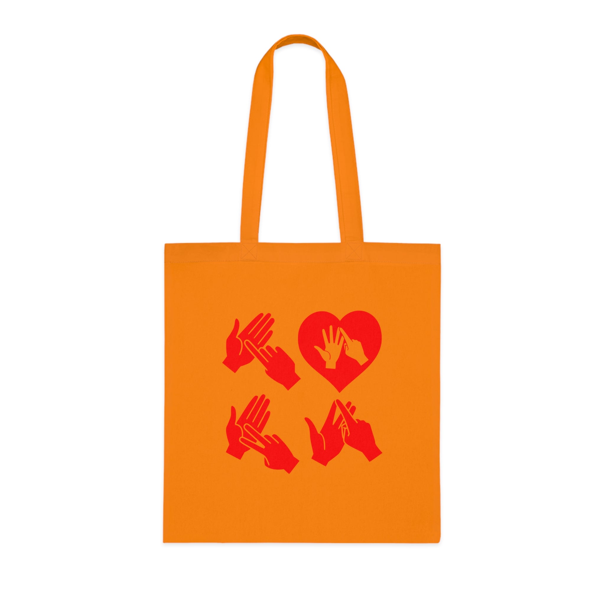 Orange Tote Bag with the word Love in red BSL Fingerspelling with the 'O' embedded in a heart shape