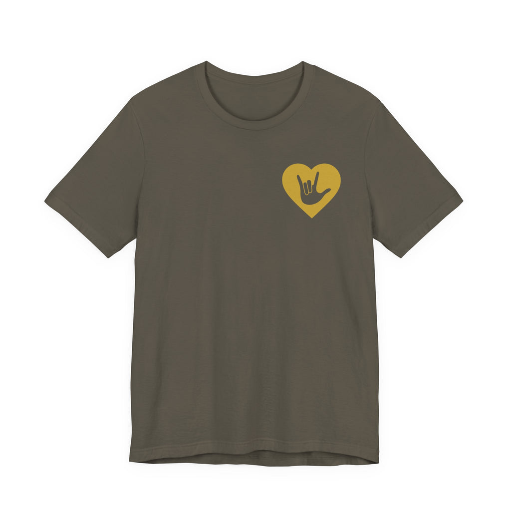 Front view of a army T-Shirt showing a gold coloured heart and the iconic ASL I Love You sign embedded in it on the left side of the chest