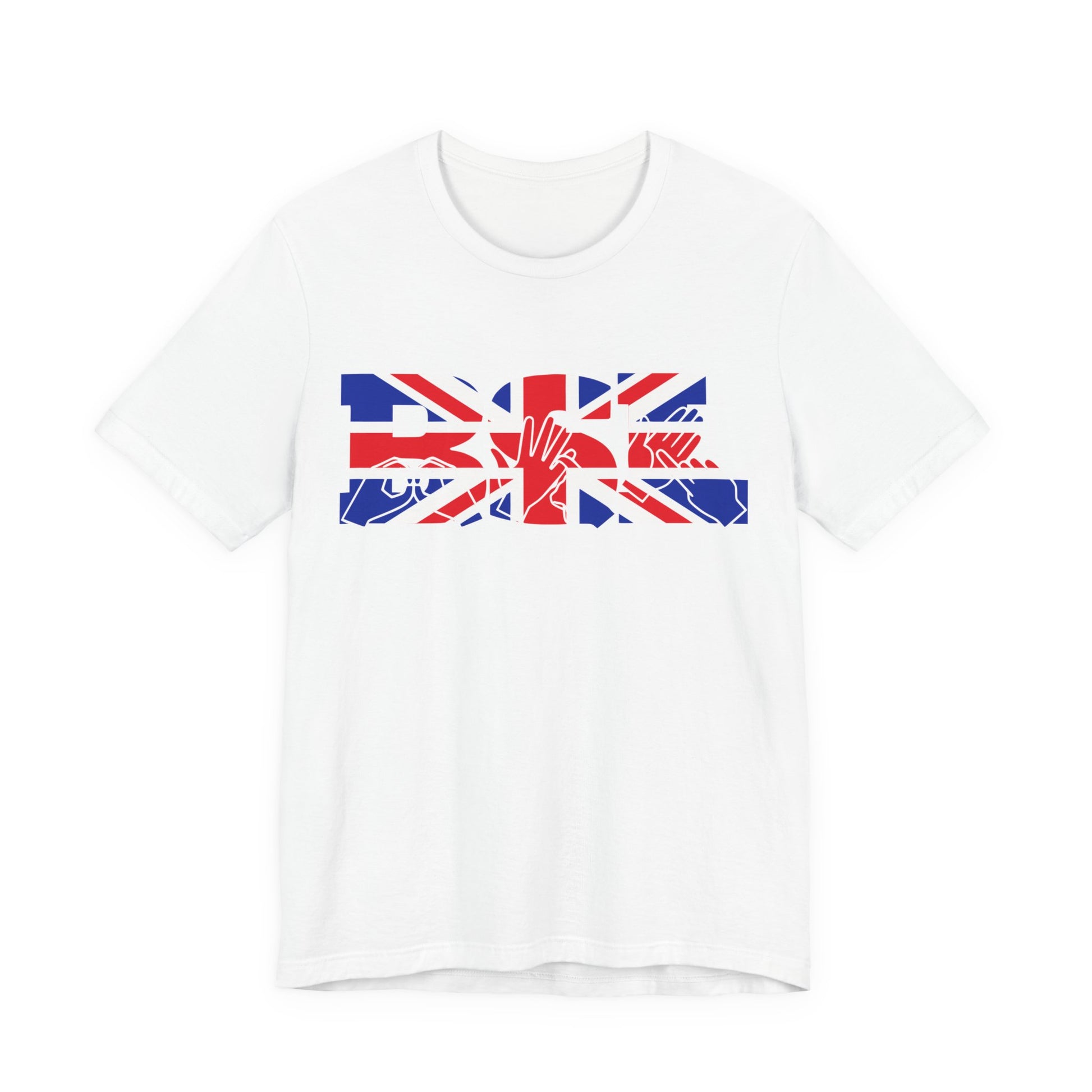 White t-shirt with ‘BSL’ shown in British Sign Language fingerspelling and text, in red, white, and blue Union Flag colours