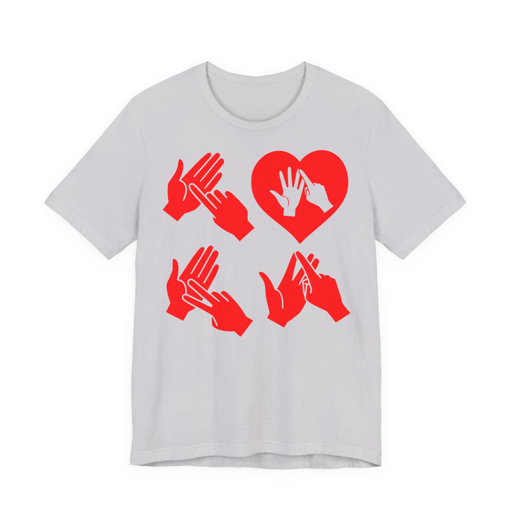 Front view of a lavender dust T-Shirt with the word Love in red BSL Fingerspelling with the 'O' embedded in a heart shape