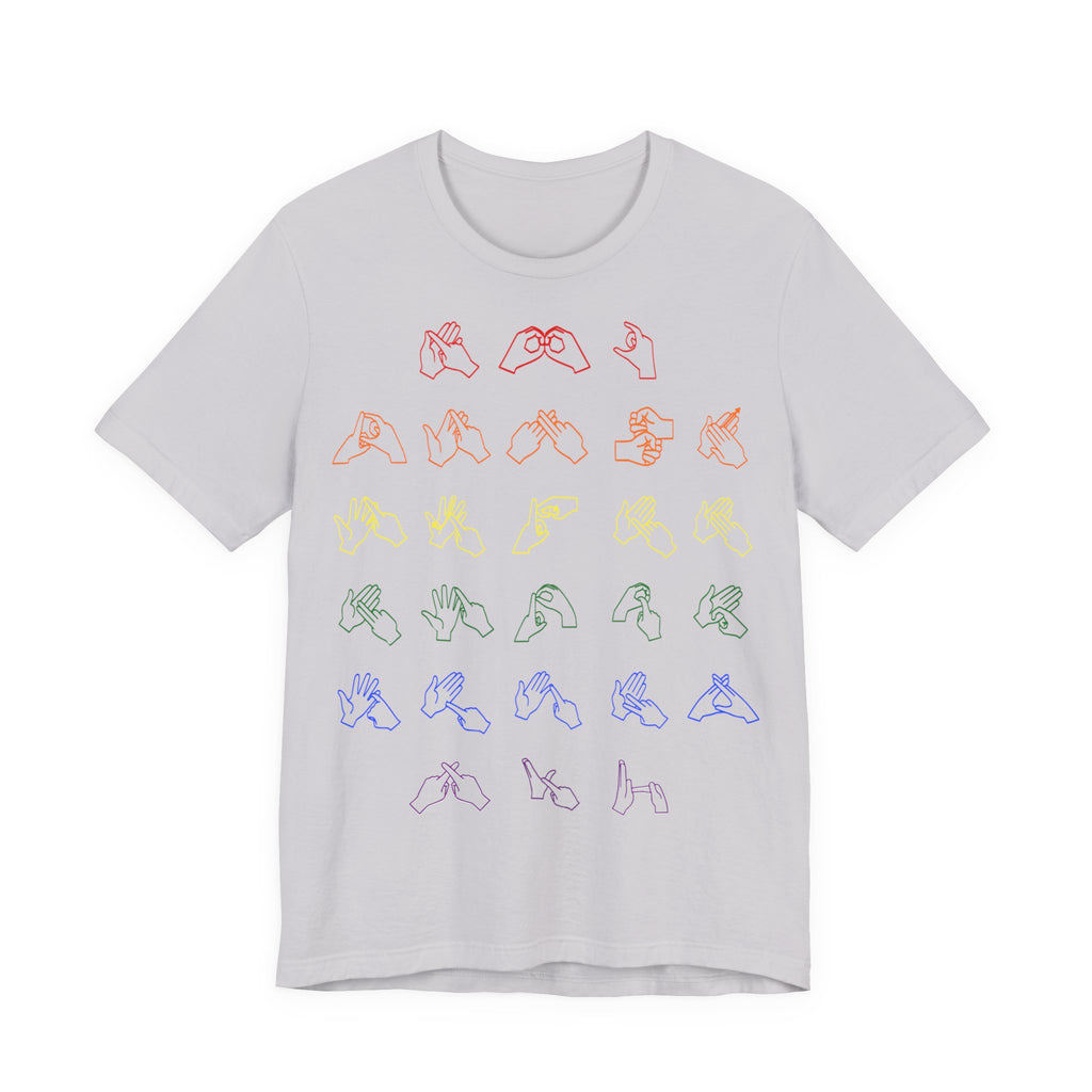 Front view of a lavender dust t-shirt with BSL Alphabet - Pride Fingerspelling