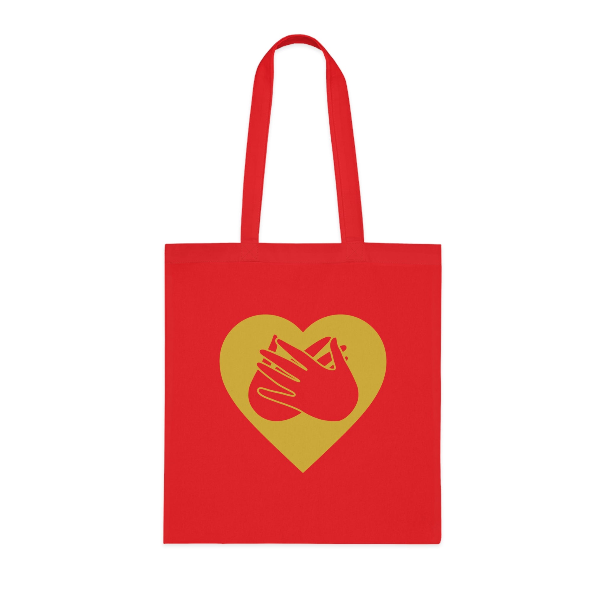 Red Tote Bag showing a gold coloured heart and the iconic BSL Love sign embedded in it