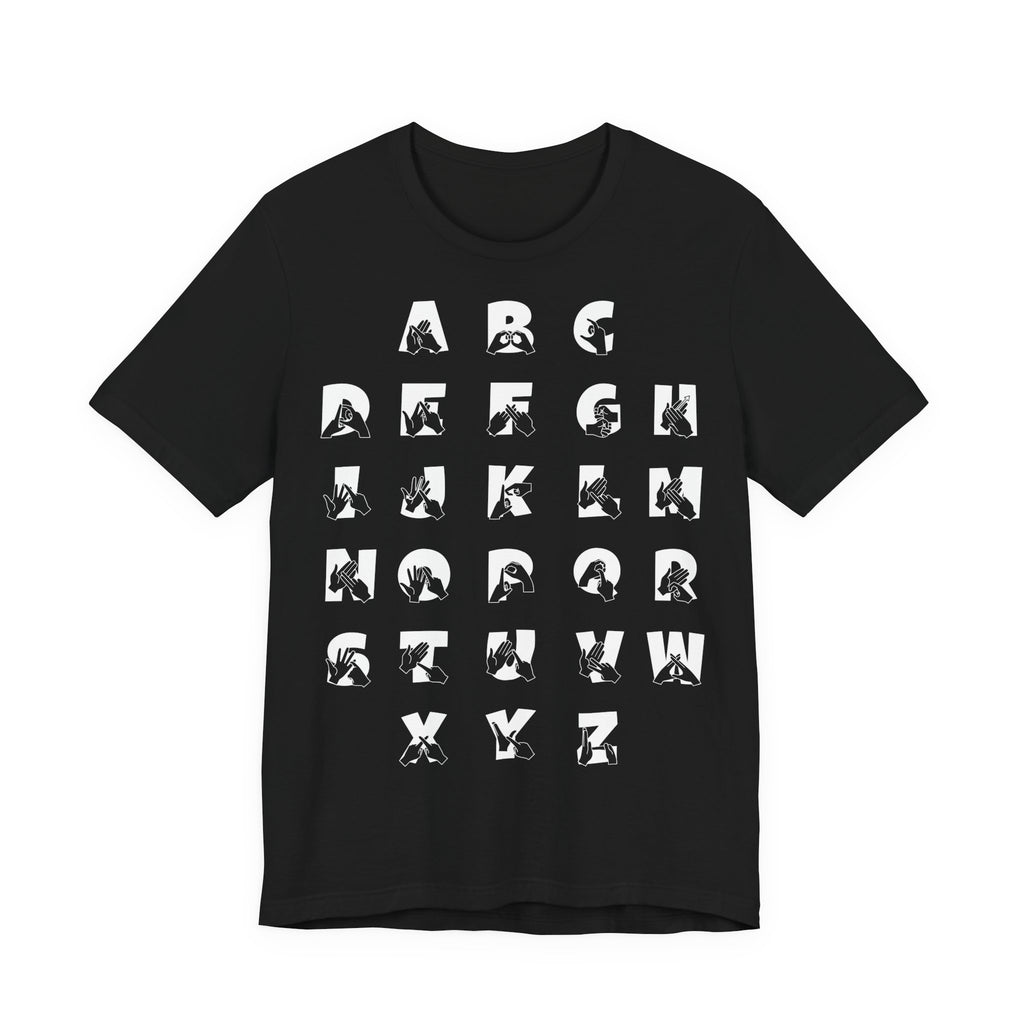 Front view of a black t-shirt with BSL Alphabet - White Fingerspelling & Text