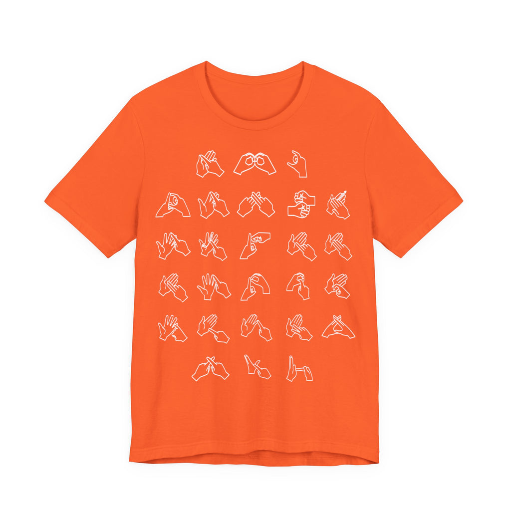 Front view of a orange t-shirt with BSL Alphabet - White Fingerspelling
