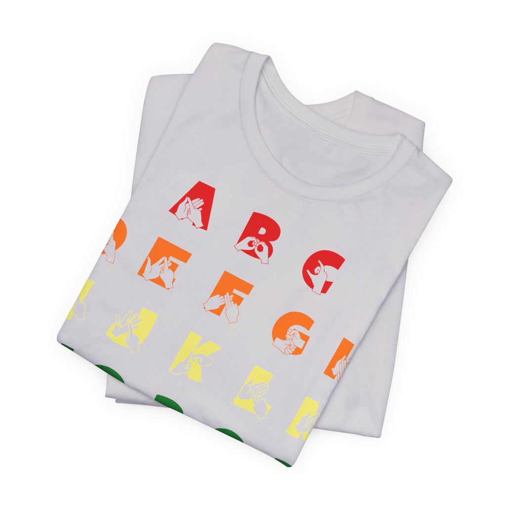 Folded lavender dust t-shirt with BSL Alphabet - Pride Fingerspelling & Text