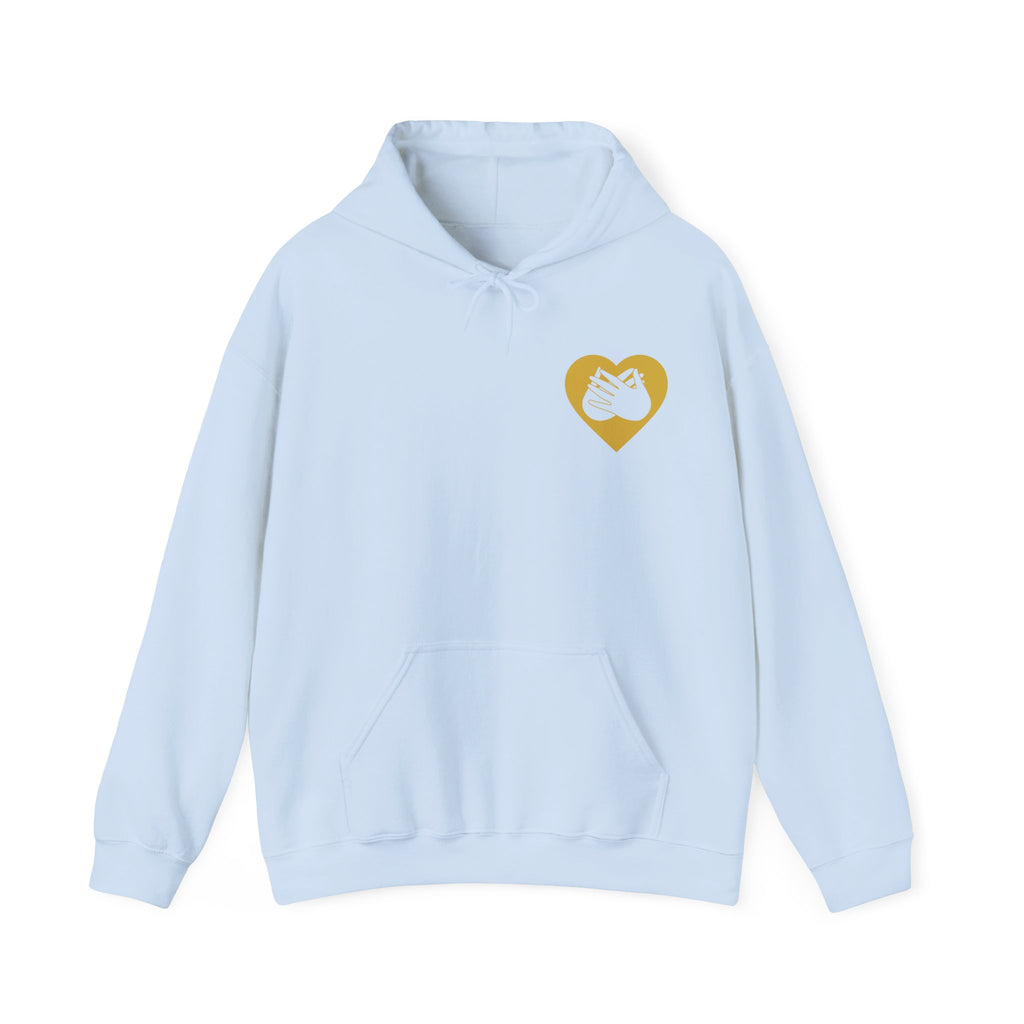 Front view of a light blue hoodie showing a gold coloured heart and the iconic BSL Love sign embedded in it on the left side of the chest
