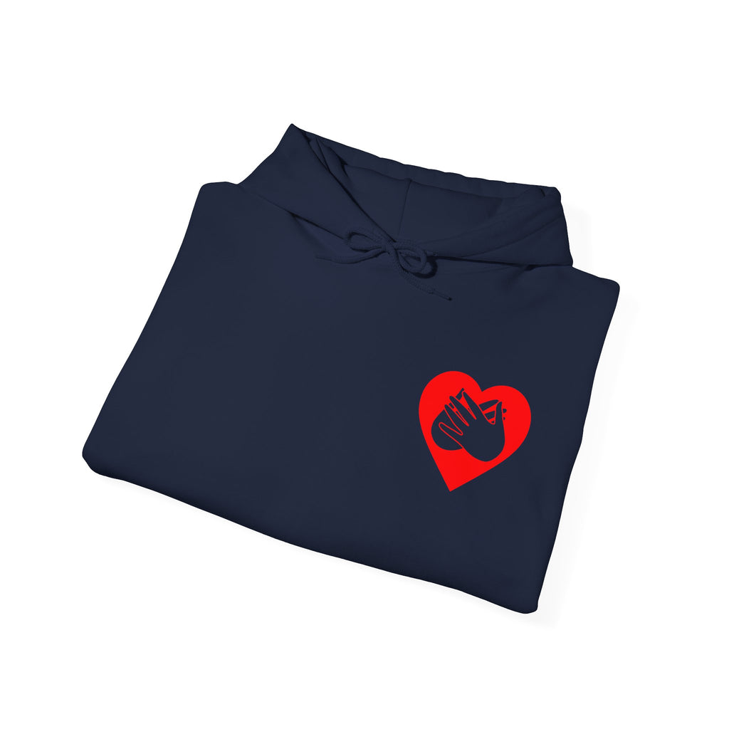 Folded navy hoodie showing a red coloured heart and the iconic BSL Love sign embedded in it on the left side of the chest