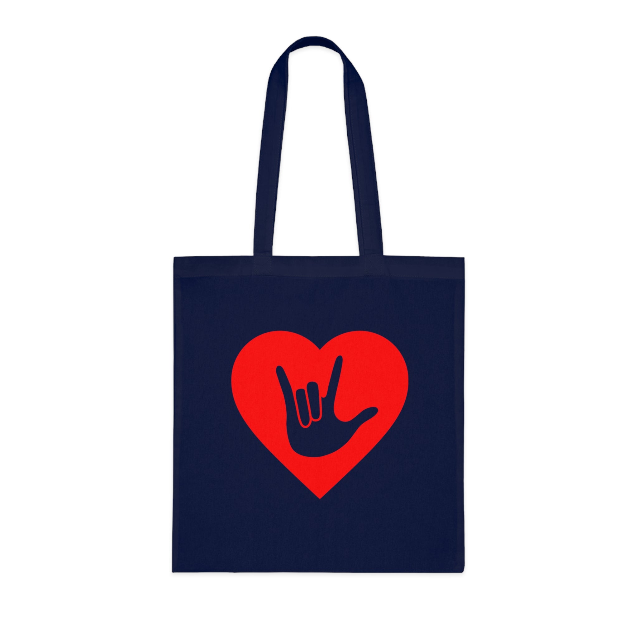 Navy blue Tote Bag showing a gold coloured heart with the iconic ASL I Love You sign embedded in it