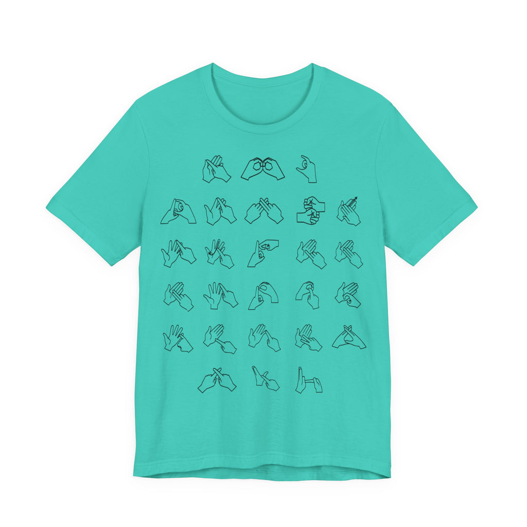 Front view of a teal t-shirt with BSL Alphabet - Black Fingerspelling