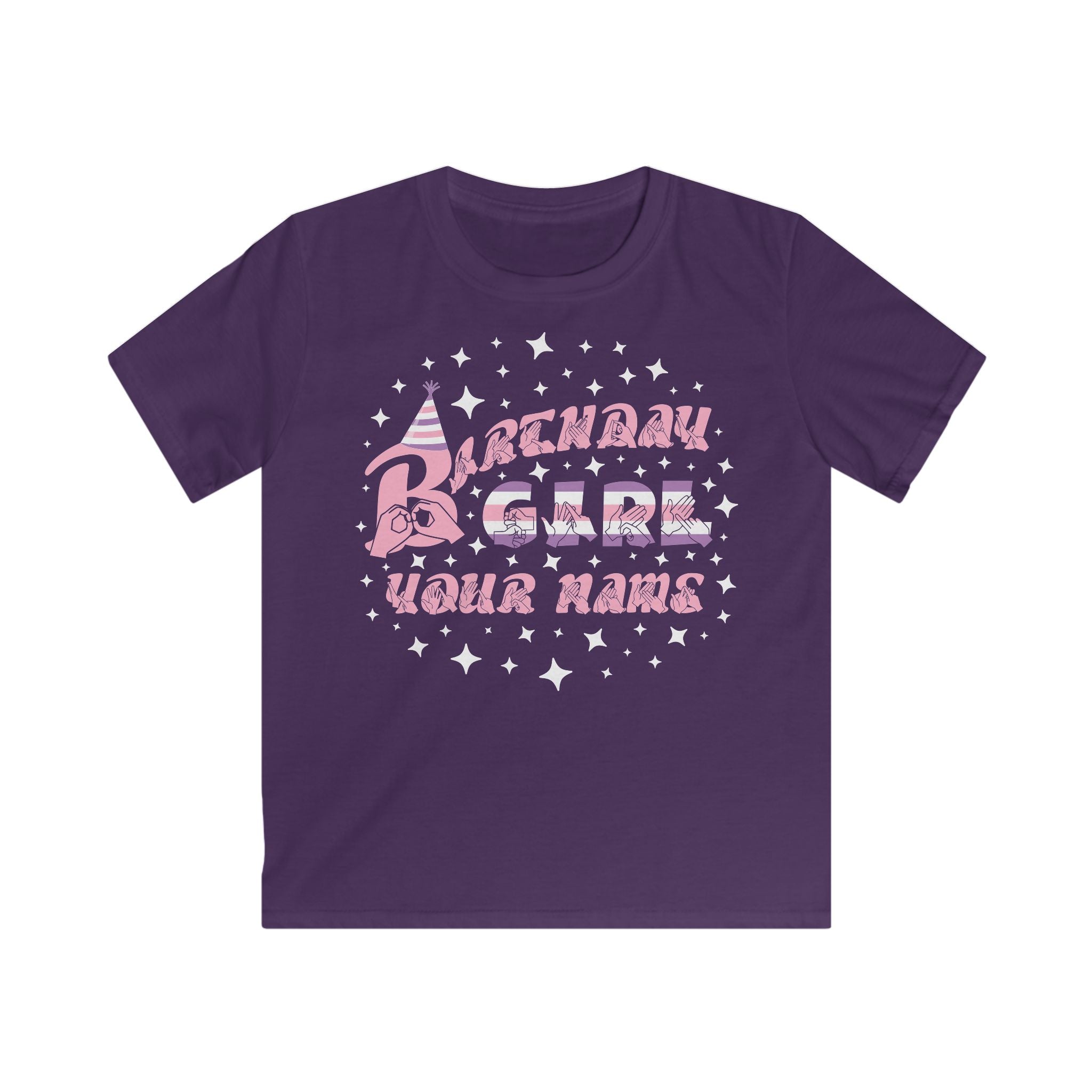 Purple kids' t-shirt with the phrase "Birthday Girl" in colourful text, a party hat on the letter B, stars surrounding the phrase, and a customisable name section below.