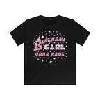 Black kids' t-shirt with the phrase "Birthday Girl" in colourful text, a party hat on the letter B, stars surrounding the phrase, and a customisable name section below.