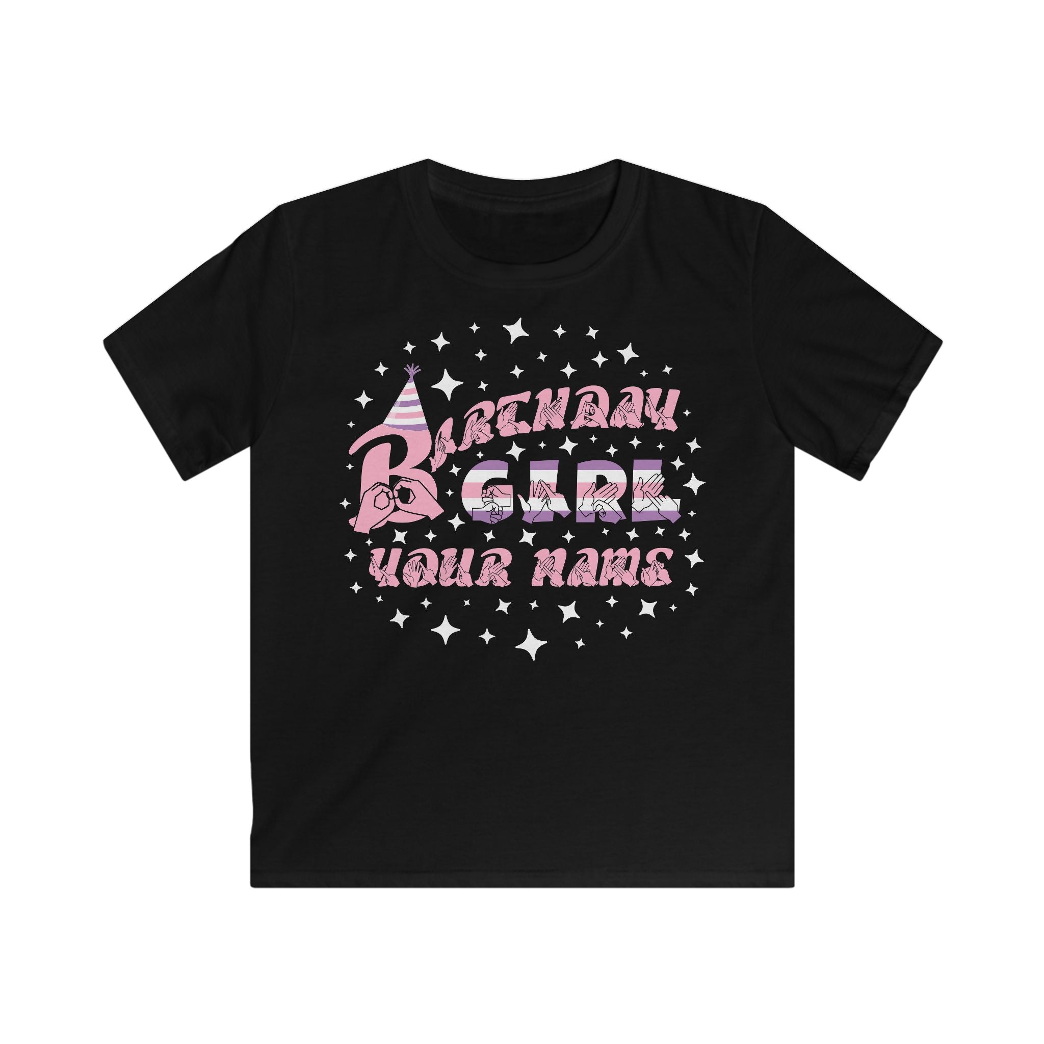 Black kids' t-shirt with the phrase "Birthday Girl" in colourful text, a party hat on the letter B, stars surrounding the phrase, and a customisable name section below.