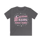 Charcoal kids' t-shirt with the phrase "Birthday Girl" in colourful text, a party hat on the letter B, stars surrounding the phrase, and a customisable name section below.