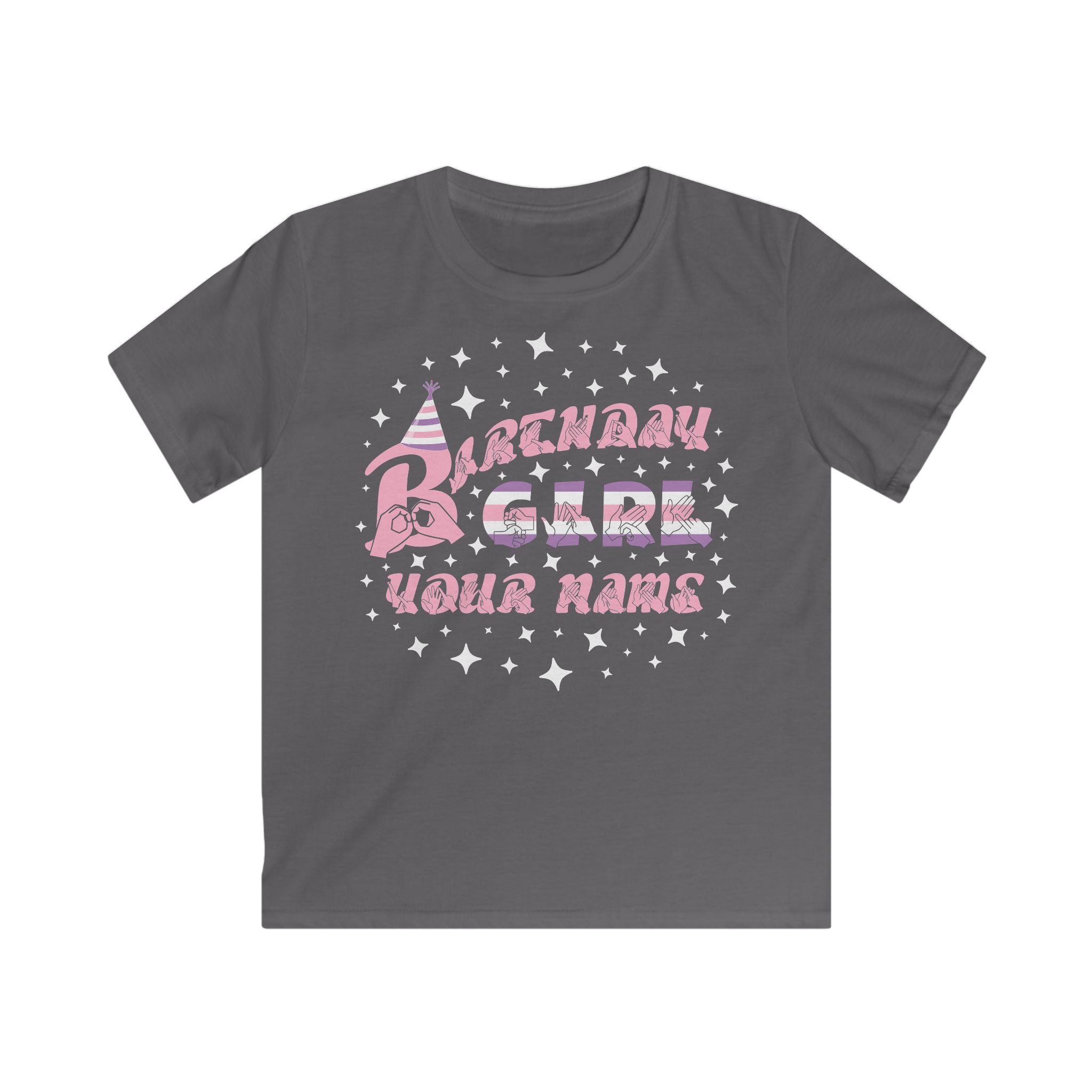 Charcoal kids' t-shirt with the phrase "Birthday Girl" in colourful text, a party hat on the letter B, stars surrounding the phrase, and a customisable name section below.