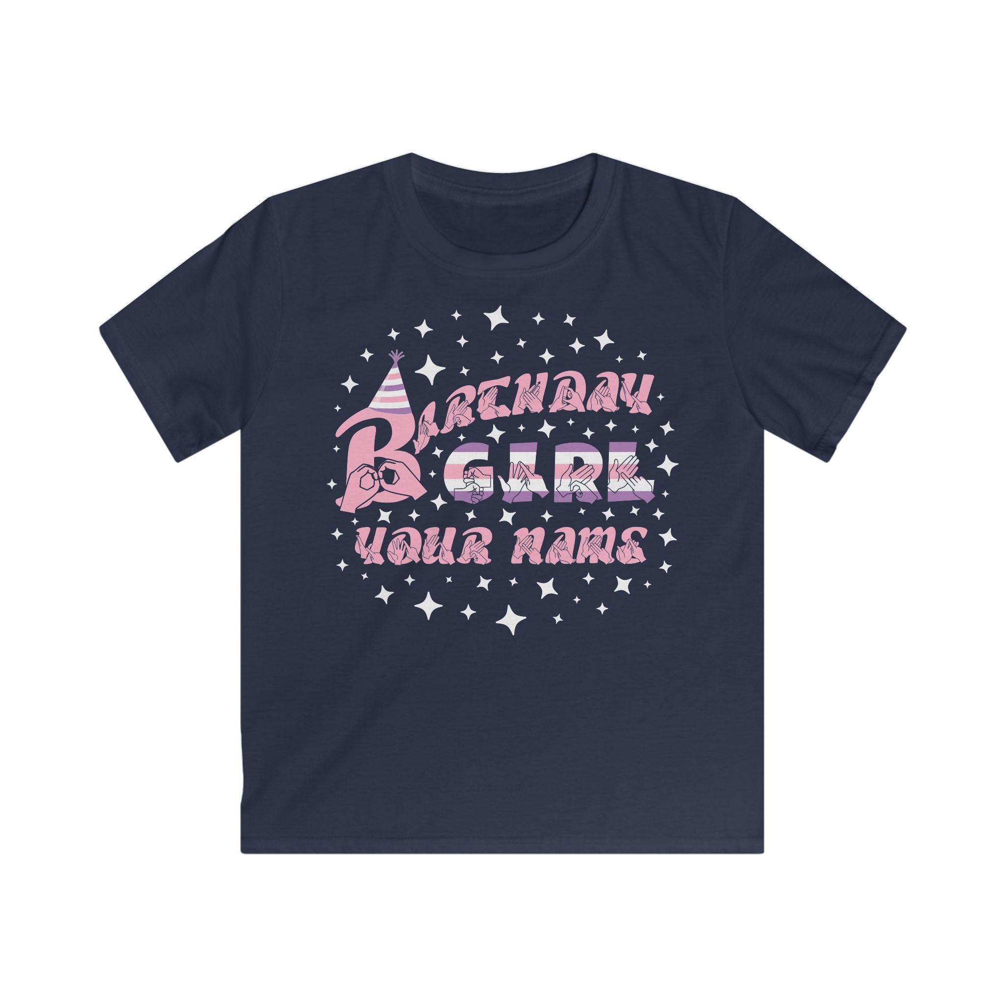 Navy kids' t-shirt with the phrase "Birthday Girl" in colourful text, a party hat on the letter B, stars surrounding the phrase, and a customisable name section below.