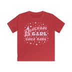 Red kids' t-shirt with the phrase "Birthday Girl" in colourful text, a party hat on the letter B, stars surrounding the phrase, and a customisable name section below.