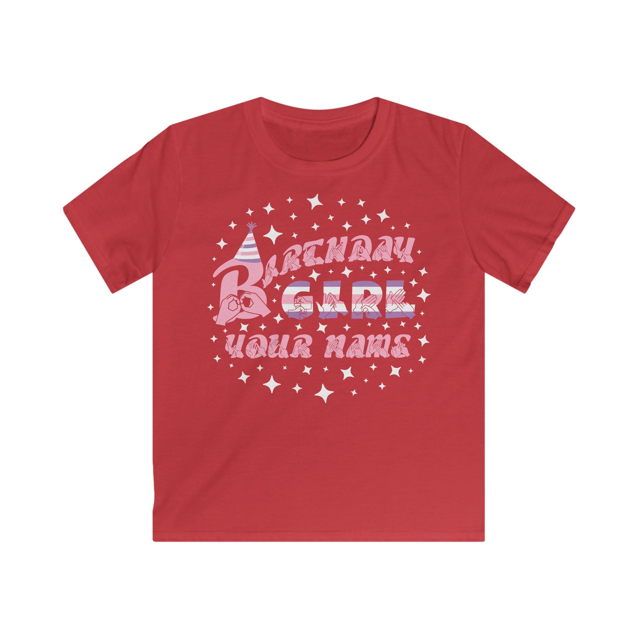 Red kids' t-shirt with the phrase "Birthday Girl" in colourful text, a party hat on the letter B, stars surrounding the phrase, and a customisable name section below.