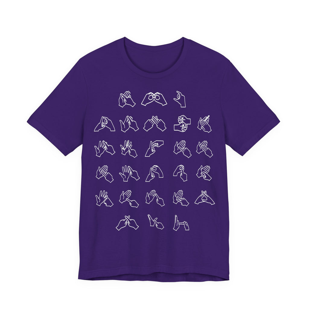 Front view of a team purple t-shirt with BSL Alphabet - White Fingerspelling
