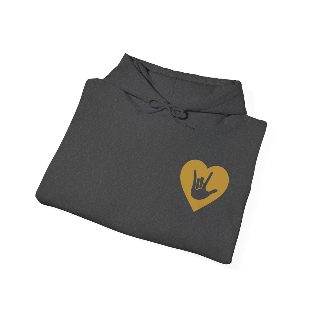 Folded dark heather hoodie showing a gold coloured heart and the iconic ASL I Love You sign embedded in it on the left side of the chest