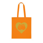 Orange Tote Bag showing a gold coloured heart and the iconic BSL Love sign embedded in it