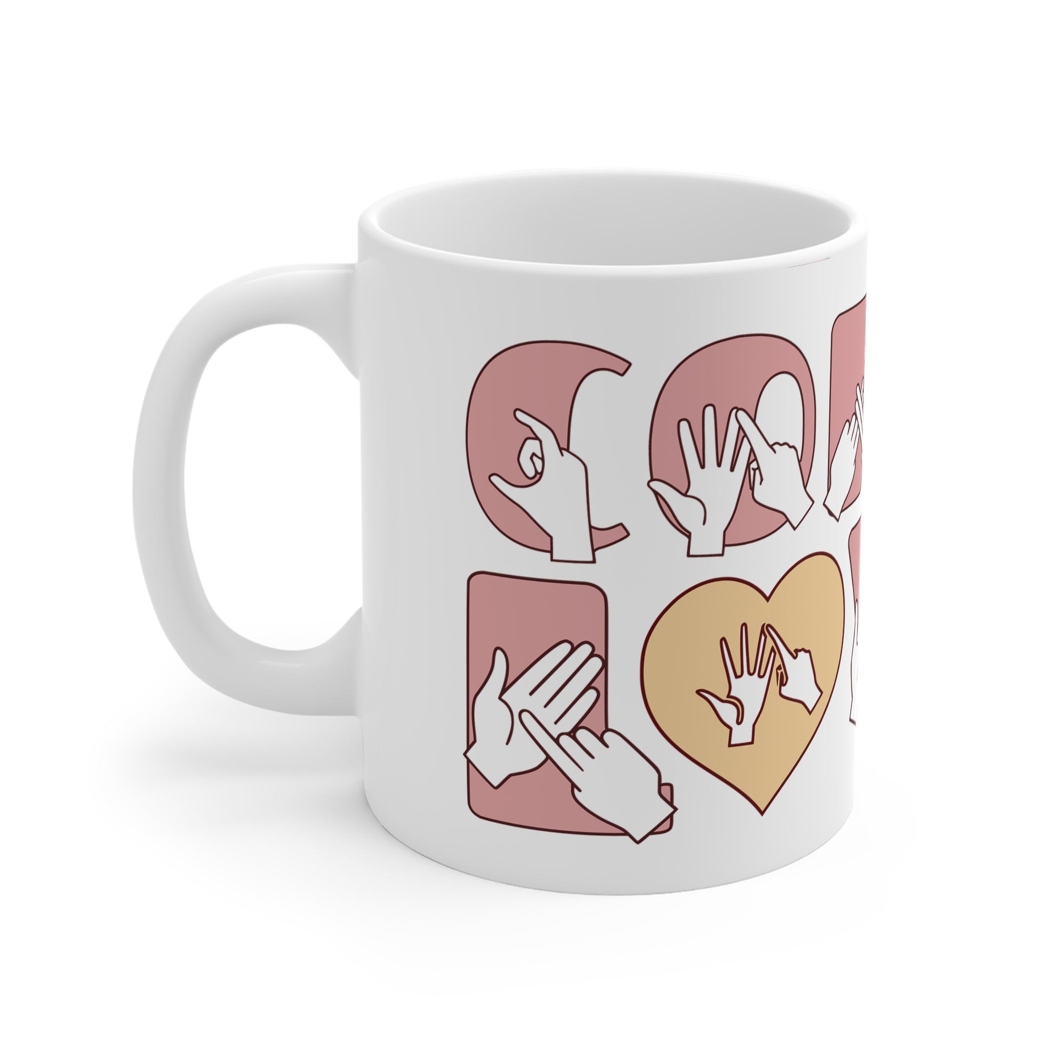 White mug featuring the phrase Coffee Lover written in BSL Fingerspelling and Text wrapping around the mug in pink. The mug handle is on the left hand side of the mug.