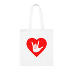 White Tote Bag showing a gold coloured heart with the iconic ASL I Love You sign embedded in it