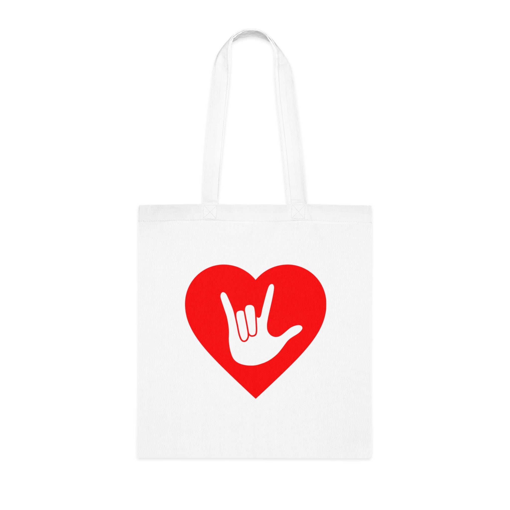 White Tote Bag showing a gold coloured heart with the iconic ASL I Love You sign embedded in it
