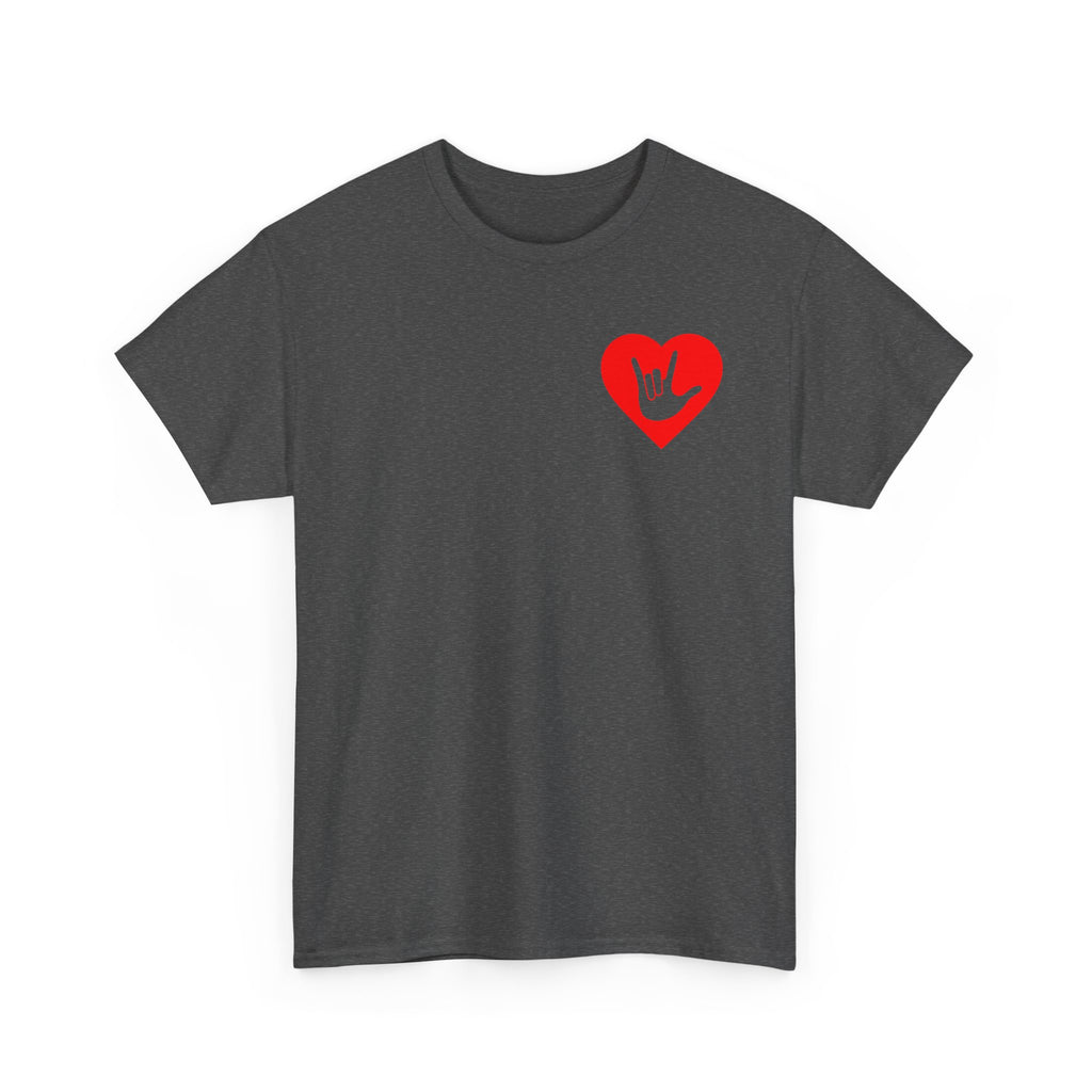 Front view of a dark heather T-Shirt showing a red coloured heart and the iconic ASL I Love You sign embedded in it on the left side of the chest