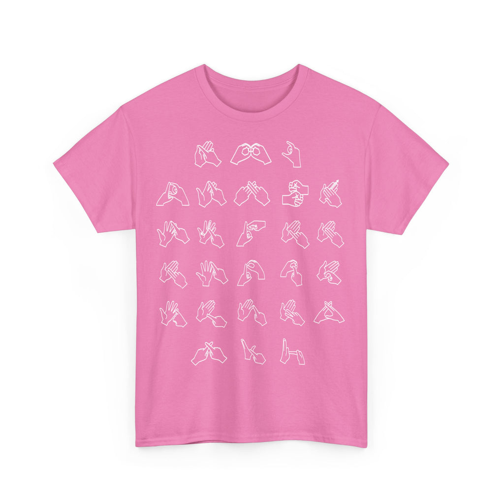 Front view of a Azalea t-shirt with BSL Alphabet - White Fingerspelling