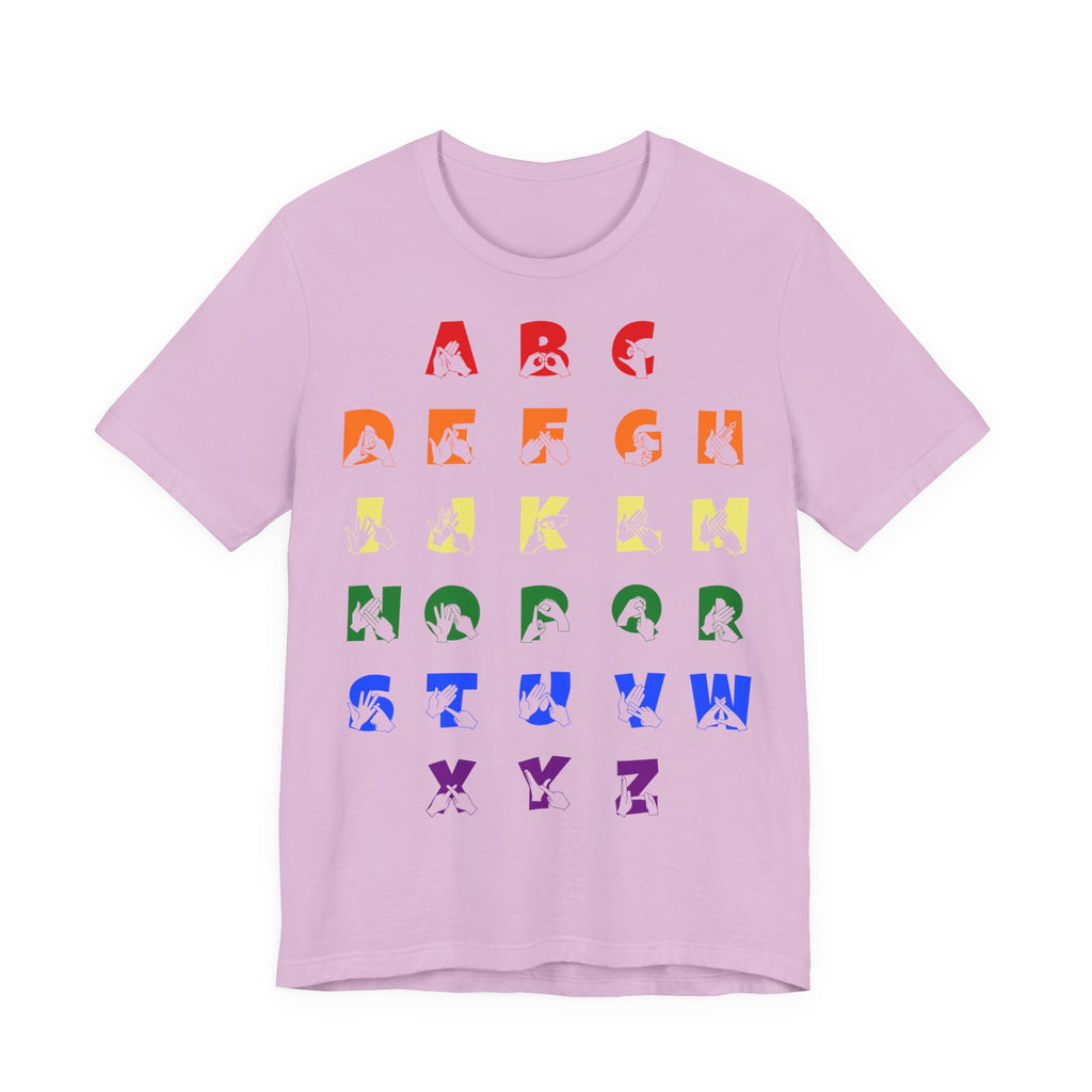 Front view of a lilac t-shirt with BSL Alphabet - Pride Fingerspelling & Text
