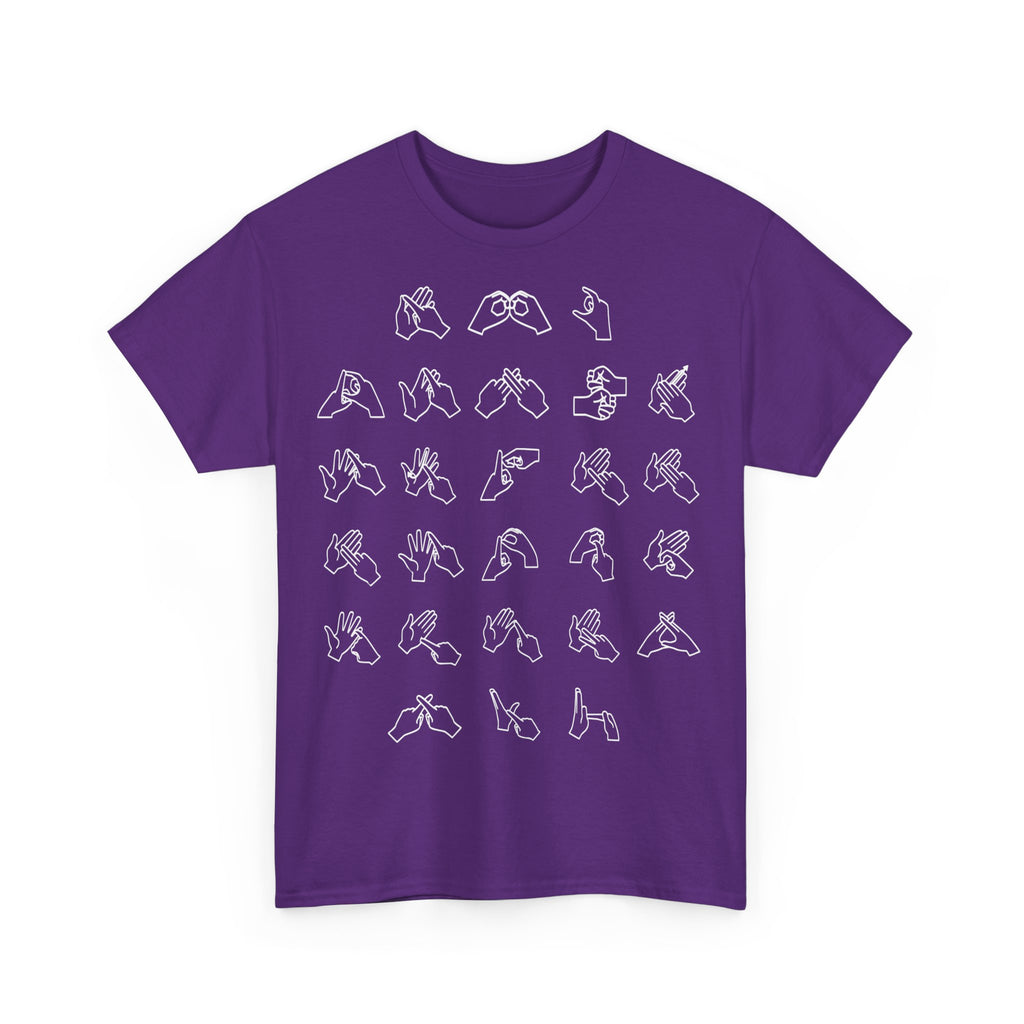 Front view of a Purple t-shirt with BSL Alphabet - White Fingerspelling