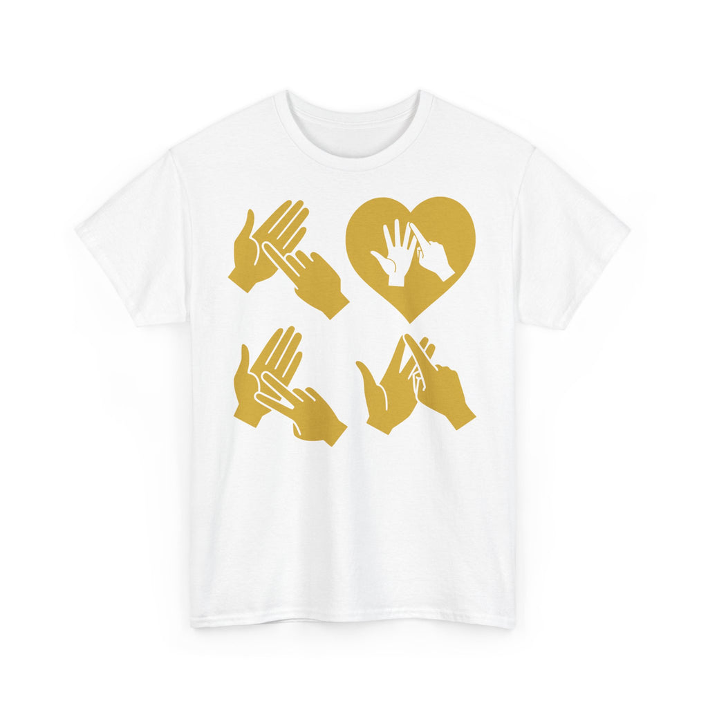 Front view of a white T-Shirt with the word Love in gold BSL Fingerspelling with the 'O' embedded in a heart shape
