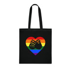 Black Tote Bag showing a Pride coloured heart and the iconic BSL Love sign embedded in it