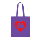 Lavender Tote Bag showing a red coloured heart and the iconic BSL Love sign embedded in it