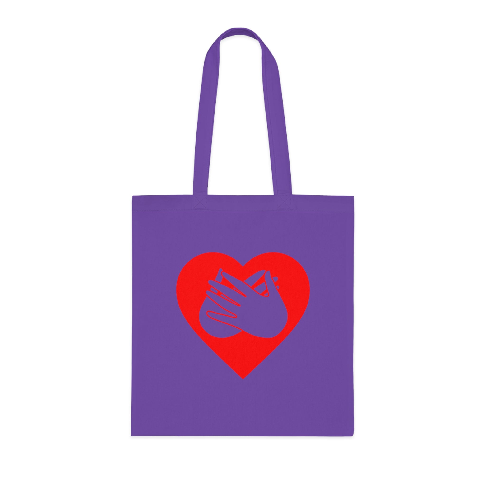 Lavender Tote Bag showing a red coloured heart and the iconic BSL Love sign embedded in it