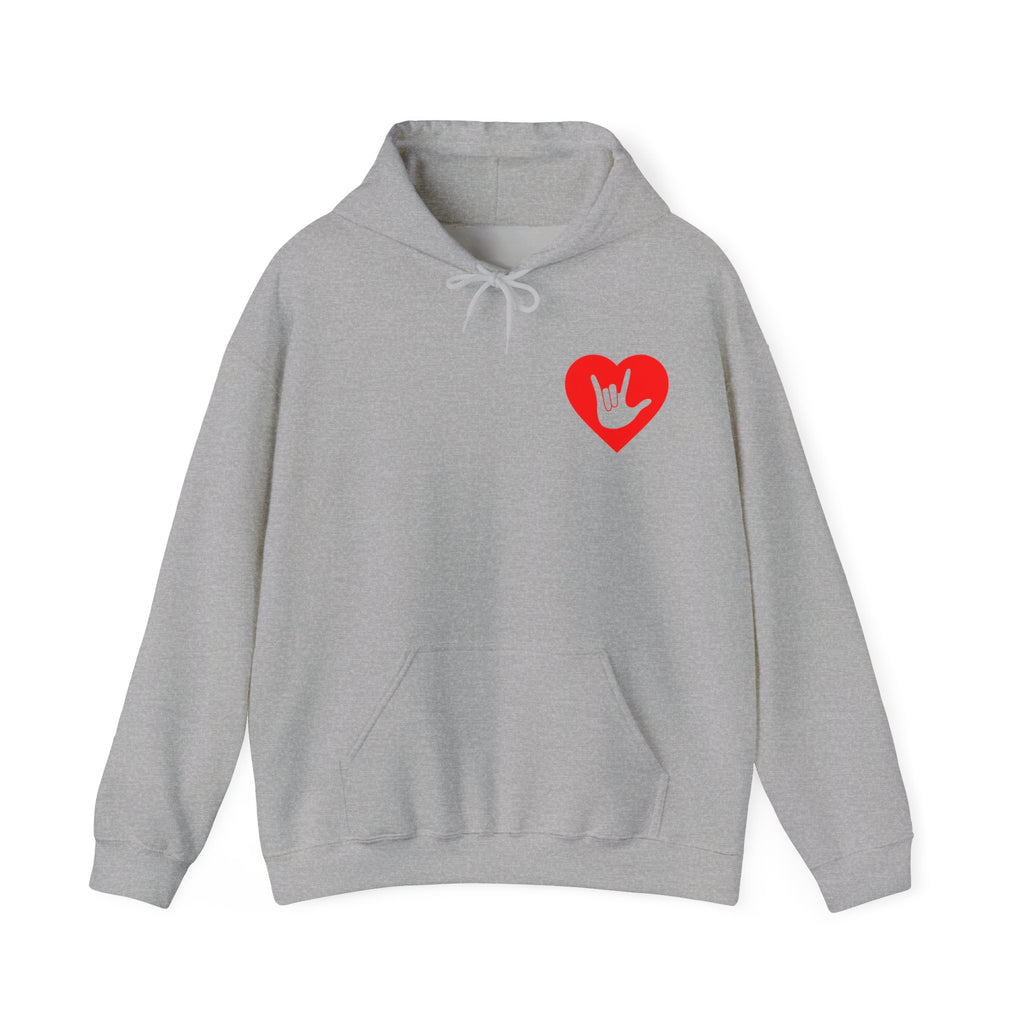 Front view of a sport grey hoodie showing a red coloured heart and the iconic ASL I Love You sign embedded in it on the left side of the chest
