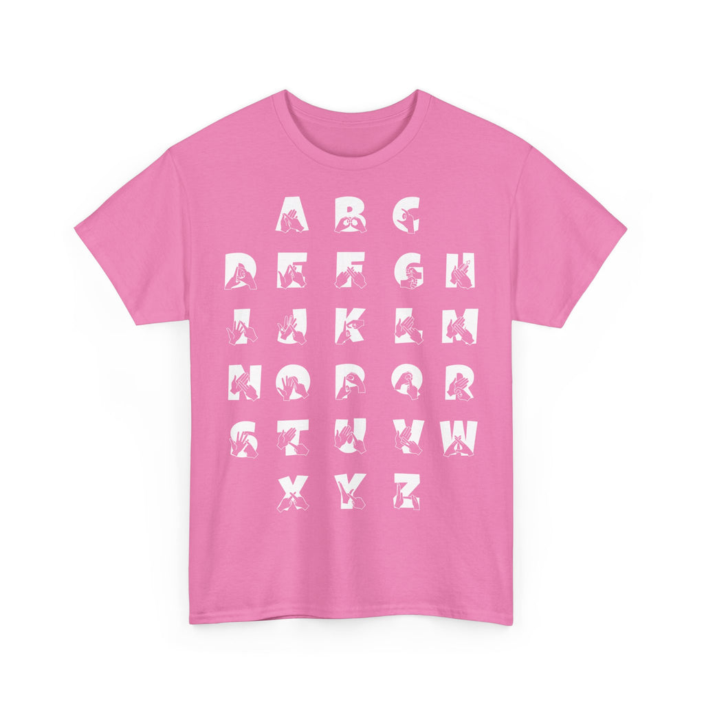 Front view of a Azalea t-shirt with BSL Alphabet - White Fingerspelling & Text