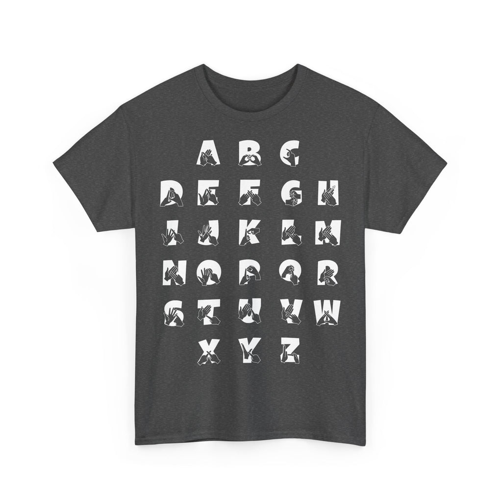 Front view of a Dark Heather t-shirt with BSL Alphabet - White Fingerspelling & Text