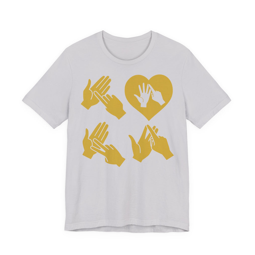 Front view of a lavender dust T-Shirt with the word Love in gold BSL Fingerspelling with the 'O' embedded in a heart shape
