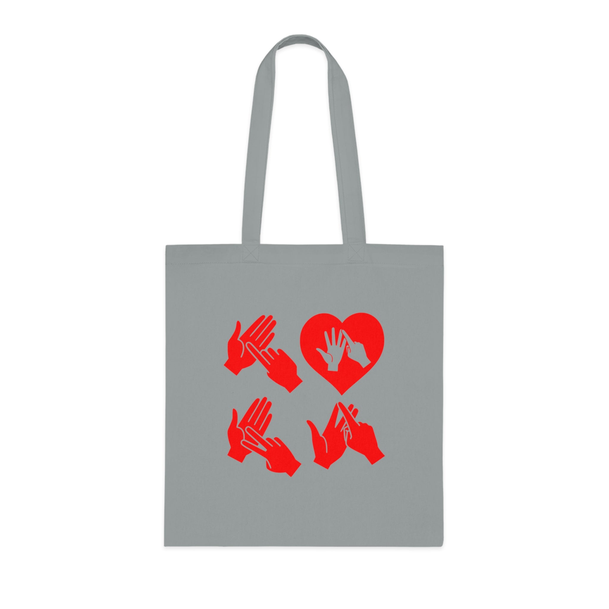 Grey Tote Bag with the word Love in red BSL Fingerspelling with the 'O' embedded in a heart shape