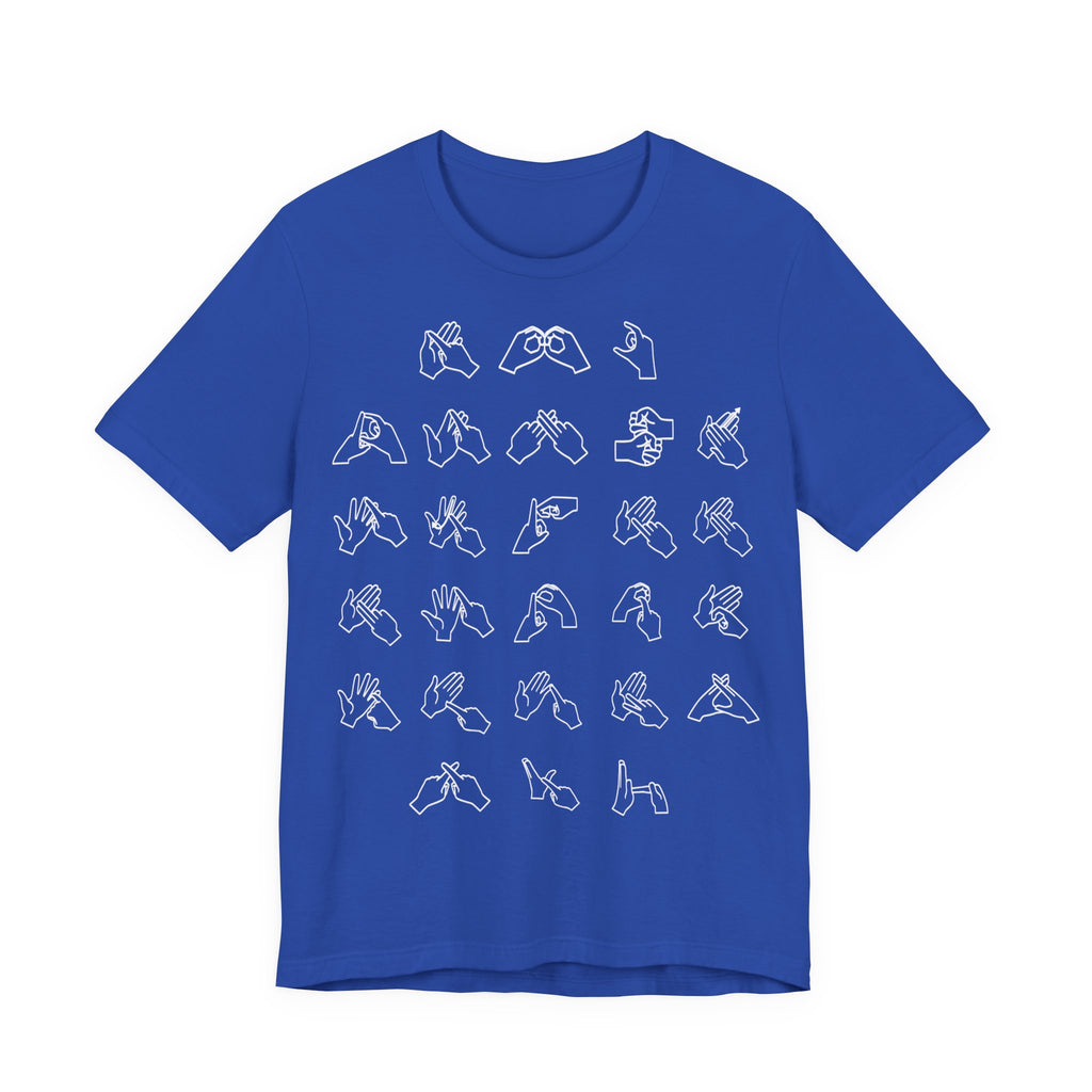 Front view of a true royal t-shirt with BSL Alphabet - White Fingerspelling