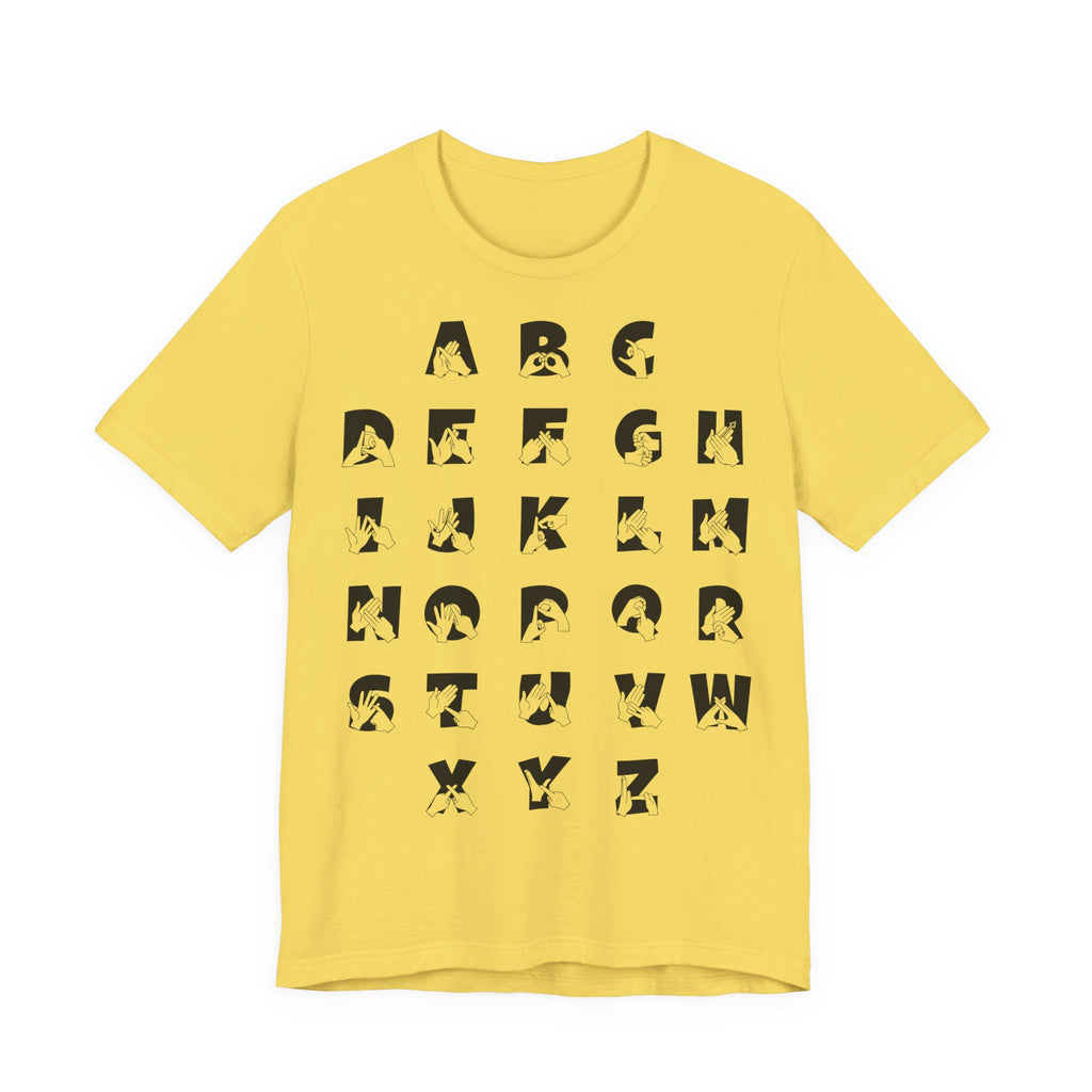 Front view of a maize yellow t-shirt with BSL Alphabet - Black Fingerspelling & Text