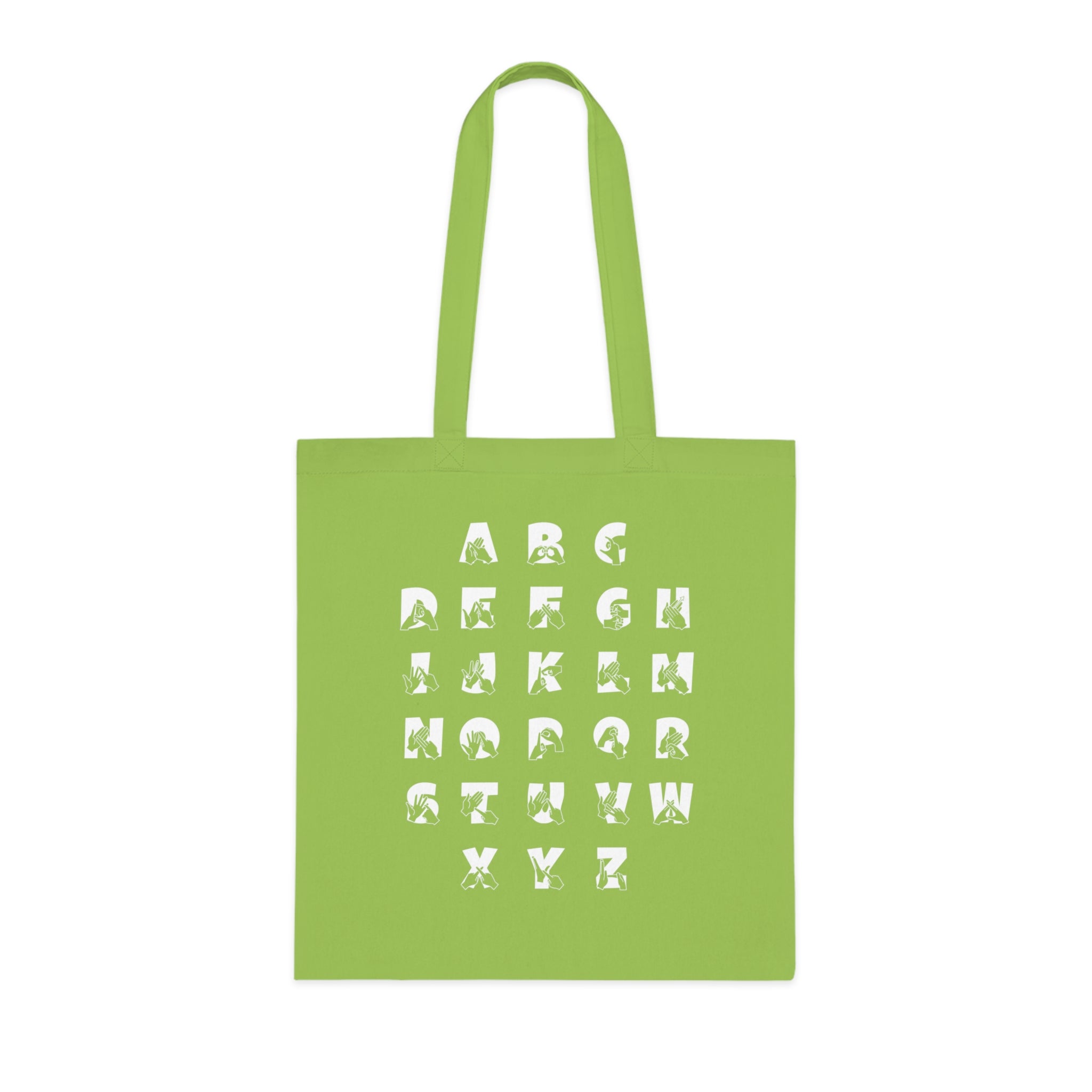 Lime Tote Bag with BSL Alphabet - White Fingerspelling & Text