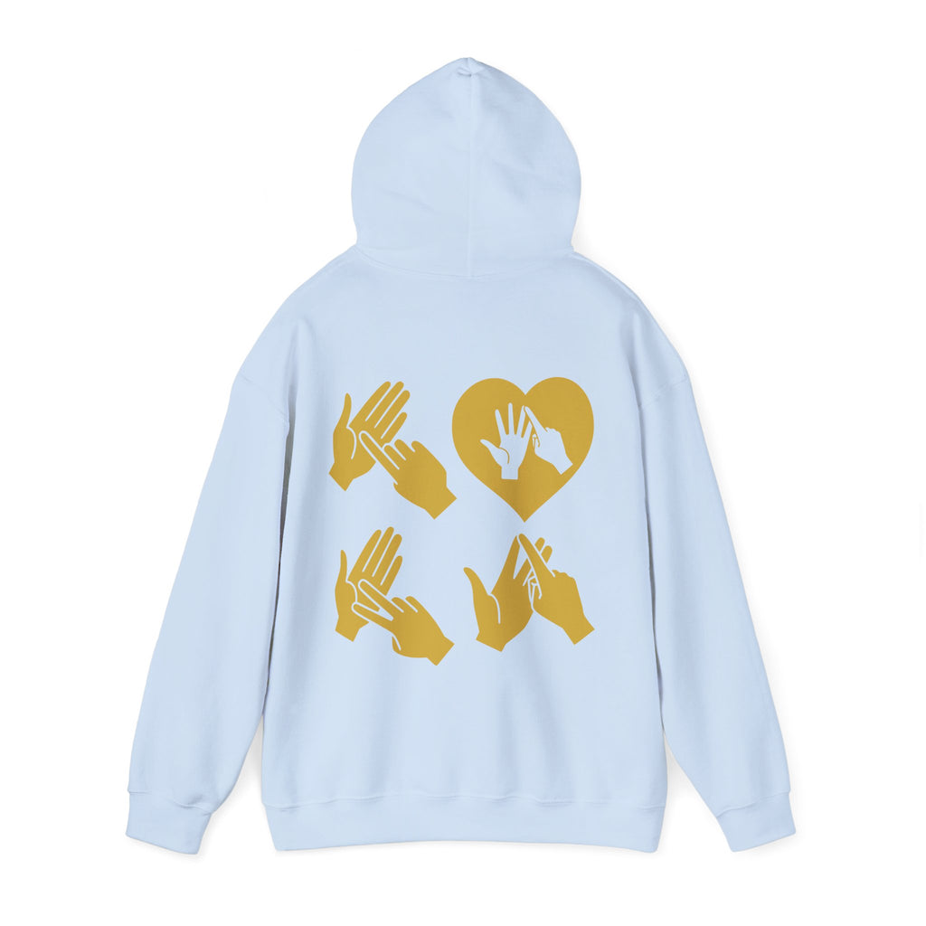 Back view of a light blue hoodie with the word Love in gold BSL Fingerspelling with the 'O' embedded in a heart shape