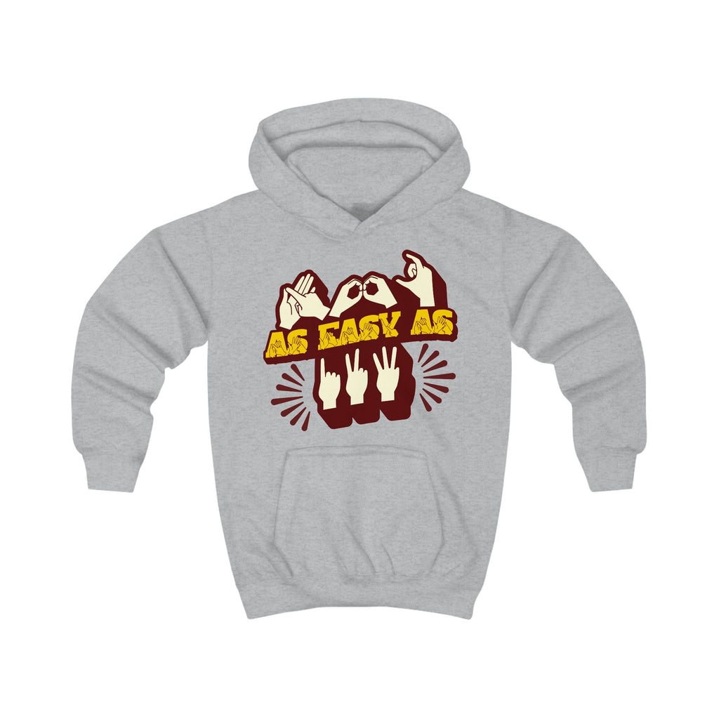 Heather grey hoodie with ‘ABC As Easy As 123’ in BSL fingerspelling and text characters