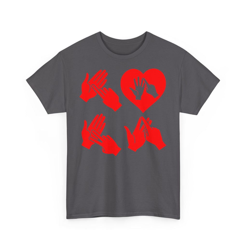 Front view of a charcoal T-Shirt with the word Love in red BSL Fingerspelling with the 'O' embedded in a heart shape 