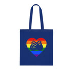 Royal blue Tote Bag showing a Pride coloured heart and the iconic BSL Love sign embedded in it