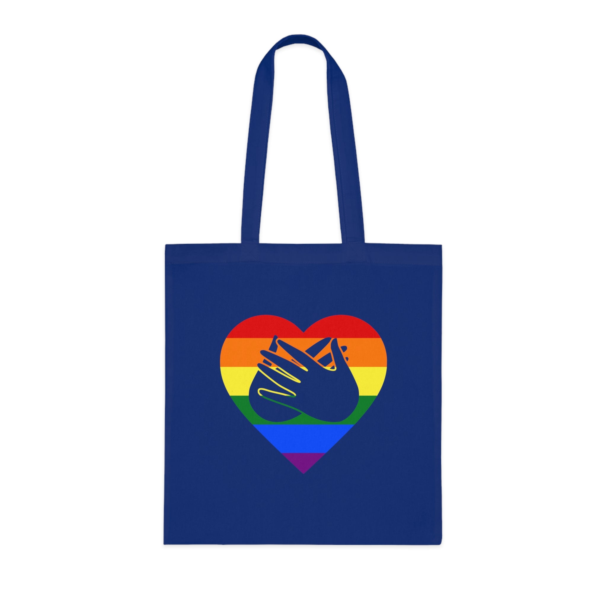 Royal blue Tote Bag showing a Pride coloured heart and the iconic BSL Love sign embedded in it