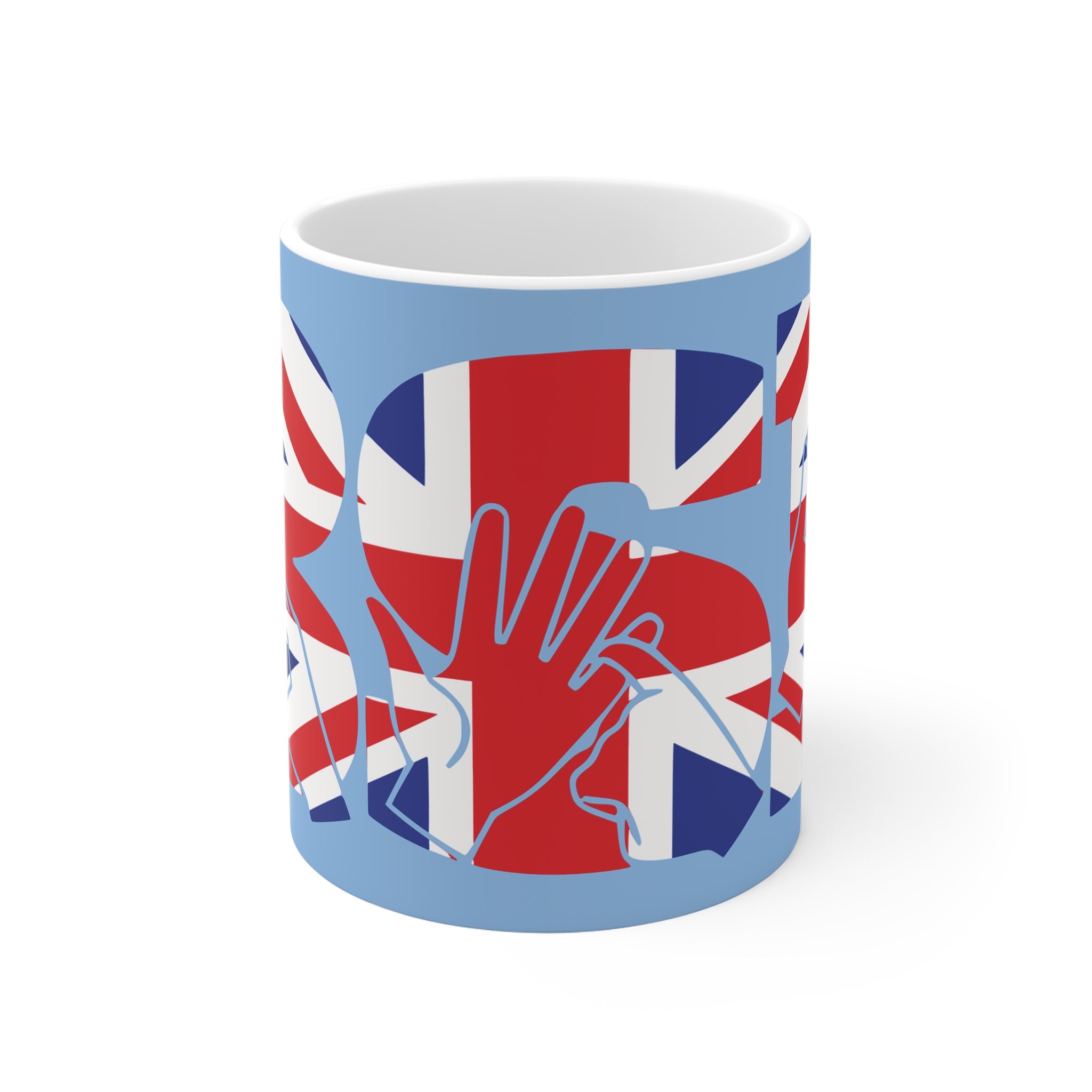 A  mug showing the S from the BSL acronym in fingerspelling and text with Union Flag colours on a blue background.