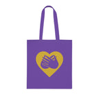 Lavender Tote Bag showing a gold coloured heart and the iconic BSL Love sign embedded in it